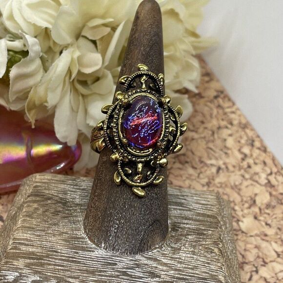 Valentine’s Day Renaissance Medieval gold Ring Mexican Fire Opal Dragons breath - Picture 9 of 16